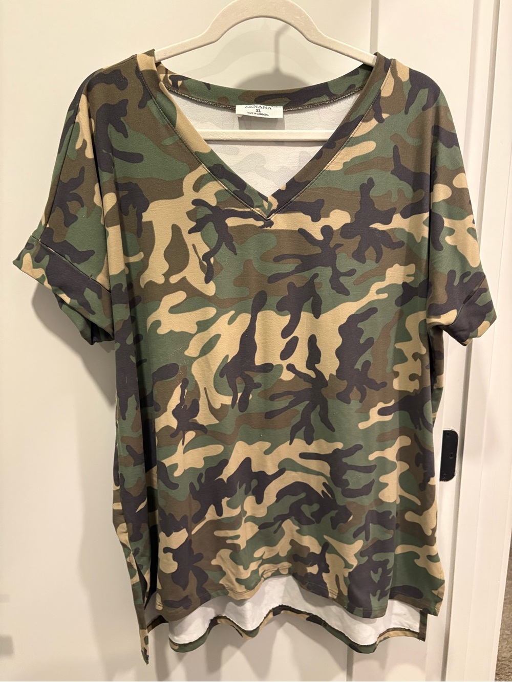 Zenana Outfitters Camo V-Neck Tee - Olive, Tan, Black